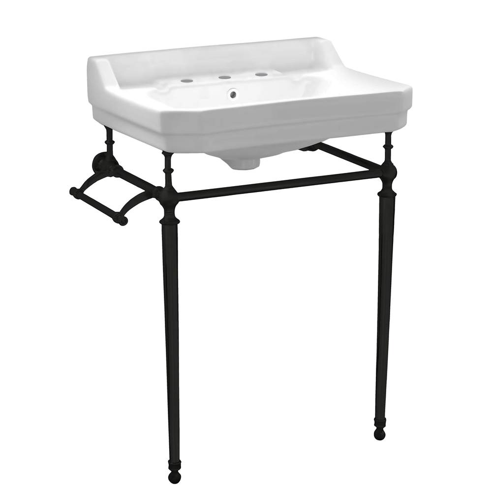 Whitehaus Collection Victoriahaus Rectangular Basin China Console With Widespread Hole Faucet Drill,  Matte Black Leg Supports With Towel Bar, Backsplash, And Overflow