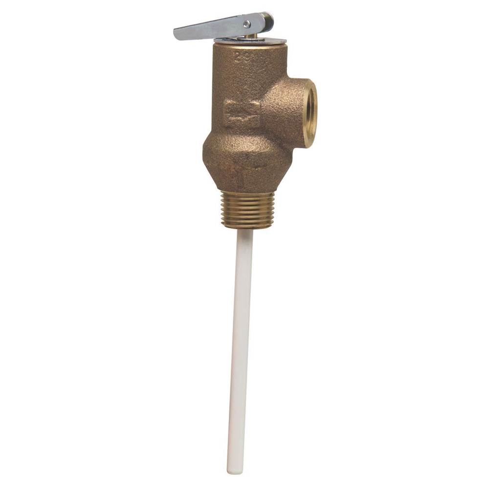 Watts 1/2 IN Lead Free Self Closing T and P Relief Valve, 150 psi, 210 degree F, Test Lever, 4 IN Extension Thermostat